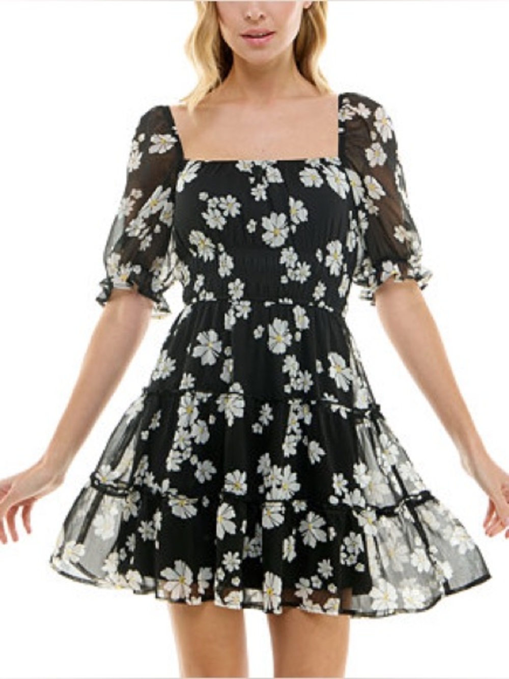Trixxi Black Floral Square-Neck Mini Dress Cottagecore Vibes